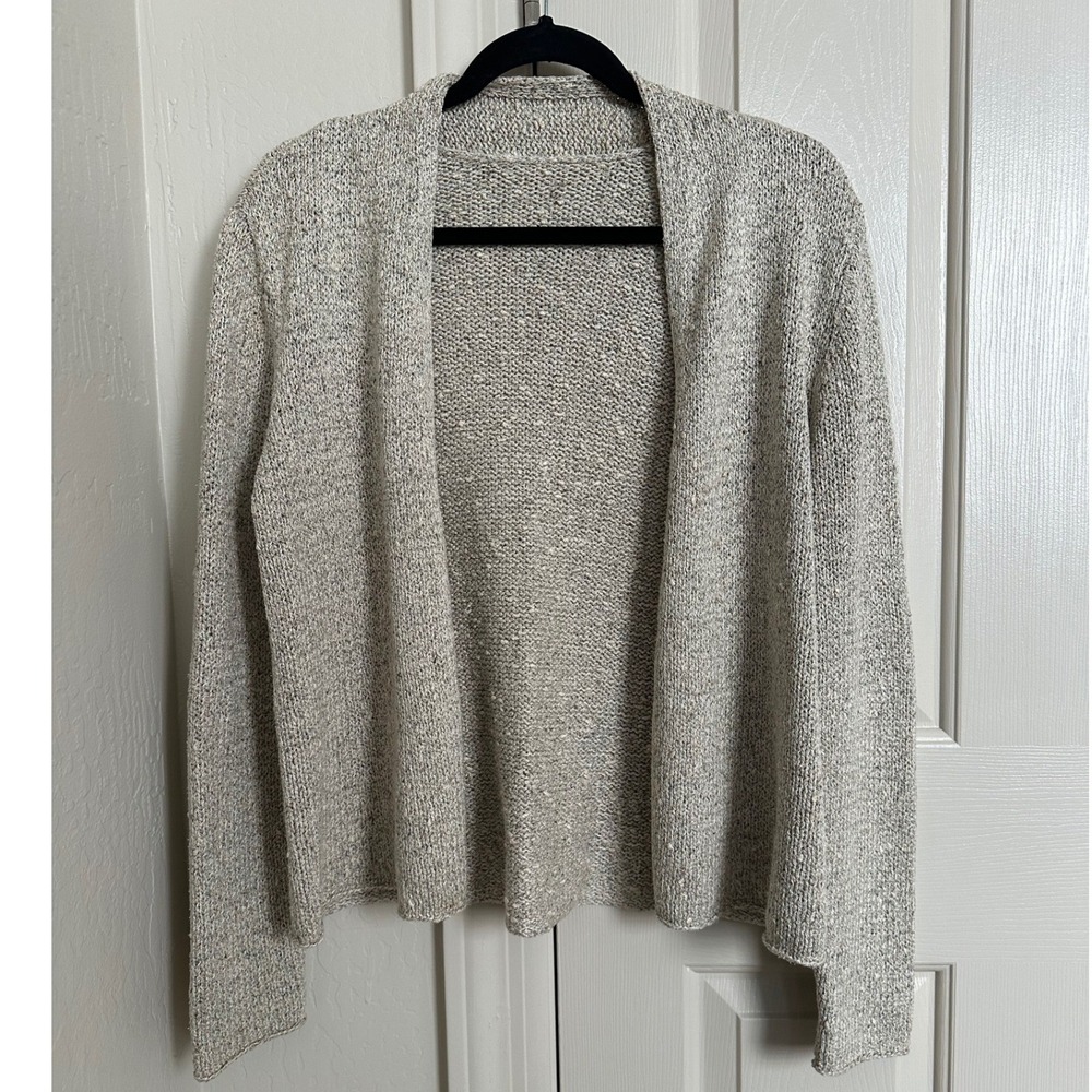 Eileen Fisher 100% Silk Knit‎ Open Front Cardigan Sweater Oatmeal Melange M